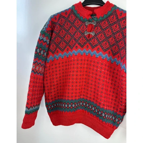 Dale Of Norway Pure Wool Lined Heavyweight Sweater Red Nordic Print Clasp Large - Picture 3 of 16